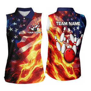 Flame American Flag Bowling Sleeveless Polo shirt Custom Patriotic Team Bowling Jersey NQS9360