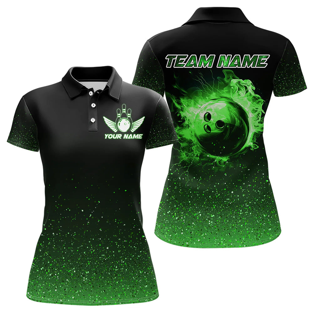 Black And Green Glitter Lucky Custom Bowling Team Shirt For Women, St Patrick Day Bowler Outfits NQS9364