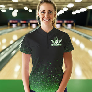 Black And Green Glitter Lucky Custom Bowling Team Shirt For Women, St Patrick Day Bowler Outfits NQS9364