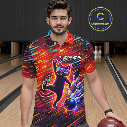 Funny Colorful Neon Cat Bowling Polo shirt, 1/4 zip shirts for men custom Bowling Team League Shirts NQS11429