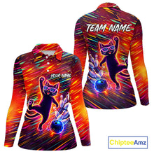 Load image into Gallery viewer, Funny Colorful Neon Cat Bowling Polo shirt, 1/4 zip shirts for Women custom Bowling Team League Shirt NQS11429