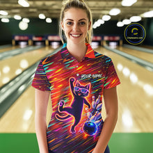 Load image into Gallery viewer, Funny Colorful Neon Cat Bowling Polo shirt, 1/4 zip shirts for Women custom Bowling Team League Shirt NQS11429