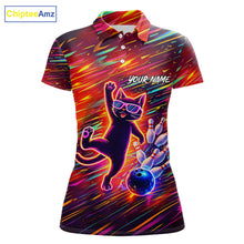Load image into Gallery viewer, Funny Colorful Neon Cat Bowling Polo shirt, 1/4 zip shirts for Women custom Bowling Team League Shirt NQS11429