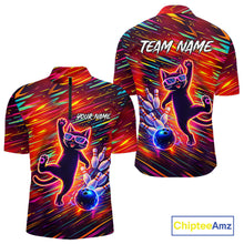 Load image into Gallery viewer, Funny Colorful Neon Cat Bowling Polo shirt, 1/4 zip shirts for men custom Bowling Team League Shirts NQS11429