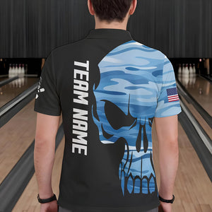 Blue Camo Skull American Flag Mens Bowling Shirts Custom Patriotic Bowling Team Jerseys For Men NQS9507