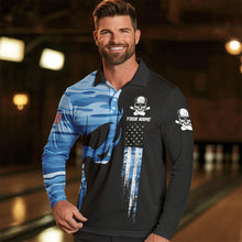 Load image into Gallery viewer, Blue Camo Skull American Flag Mens Bowling Shirts Custom Patriotic Bowling Team Jerseys For Men NQS9507