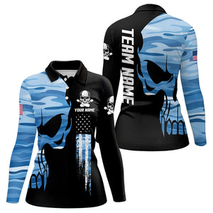 Blue Camo Skull American Flag Womens Bowling Shirts Custom Patriotic Bowling Team Jerseys For Ladies NQS9507