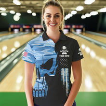 Load image into Gallery viewer, Blue Camo Skull American Flag Womens Bowling Shirts Custom Patriotic Bowling Team Jerseys For Ladies NQS9507