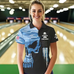 Blue Camo Skull American Flag Womens Bowling Shirts Custom Patriotic Bowling Team Jerseys For Ladies NQS9507