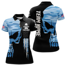 Load image into Gallery viewer, Blue Camo Skull American Flag Womens Bowling Shirts Custom Patriotic Bowling Team Jerseys For Ladies NQS9507