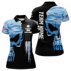 Blue Camo Skull American Flag Womens Bowling Shirts Custom Patriotic Bowling Team Jerseys For Ladies NQS9507