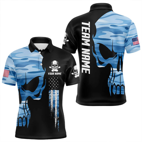 Blue Camo Skull American Flag Mens Bowling Shirts Custom Patriotic Bowling Team Jerseys For Men NQS9507