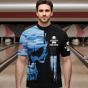 Blue Camo Skull American Flag Mens Bowling Shirts Custom Patriotic Bowling Team Jerseys For Men NQS9507