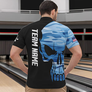 Blue Camo Skull American Flag Mens Bowling Shirts Custom Patriotic Bowling Team Jerseys For Men NQS9507