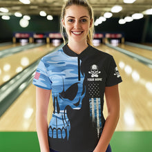 Load image into Gallery viewer, Blue Camo Skull American Flag Womens Bowling Shirts Custom Patriotic Bowling Team Jerseys For Ladies NQS9507