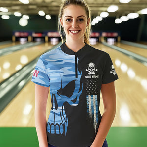 Blue Camo Skull American Flag Womens Bowling Shirts Custom Patriotic Bowling Team Jerseys For Ladies NQS9507