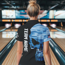 Load image into Gallery viewer, Blue Camo Skull American Flag Womens Bowling Shirts Custom Patriotic Bowling Team Jerseys For Ladies NQS9507