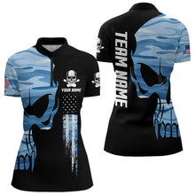 Load image into Gallery viewer, Blue Camo Skull American Flag Womens Bowling Shirts Custom Patriotic Bowling Team Jerseys For Ladies NQS9507