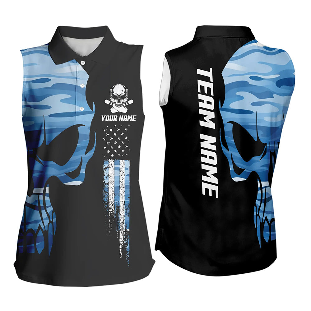 Blue Camo Skull American Flag Bowling Sleeveless Polo Shirt Custom Patriotic Bowling Team Jerseys NQS9507