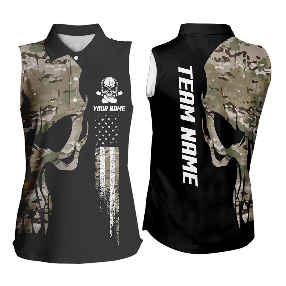 Skull Camouflage American Flag Bowling Sleeveless Polo Shirt Custom Patriotic Bowling Team Jerseys NQS9508