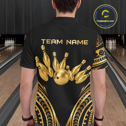 Black and Gold tribal pattern Bowling Polo, Quarter Zip Shirts For Men Custom Bowling Team Jerseys NQS11732