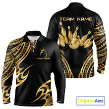 Load image into Gallery viewer, Black and Gold tribal pattern Bowling Polo, Quarter Zip Shirts For Men Custom Bowling Team Jerseys NQS11732