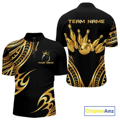 Black and Gold tribal pattern Bowling Polo, Quarter Zip Shirts For Men Custom Bowling Team Jerseys NQS11732