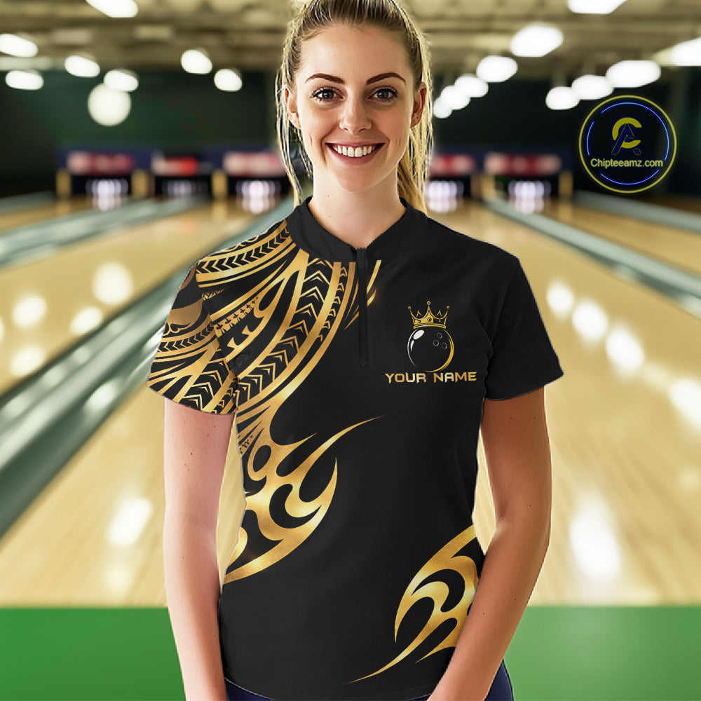 Black and Gold tribal pattern Bowling Polo, Quarter Zip Shirts For Women Custom Bowling Team Jerseys NQS11732