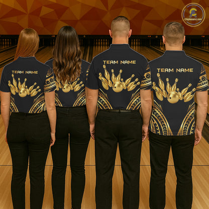 Black and Gold tribal pattern Bowling Polo, Quarter Zip Shirts For Women Custom Bowling Team Jerseys NQS11732