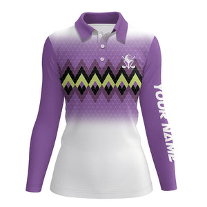 Purple graphic stripe argyle pattern custom Womens golf polo shirts, personalized ladies golf tops NQS7611