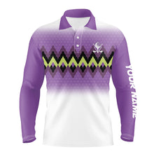 Load image into Gallery viewer, Purple graphic stripe argyle pattern custom Mens golf polo shirts, personalized mens golf tops NQS7611