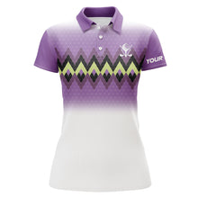 Load image into Gallery viewer, Purple graphic stripe argyle pattern custom Womens golf polo shirts, personalized ladies golf tops NQS7611