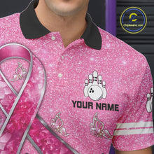 Load image into Gallery viewer, Black and Pink ribbon glitter Bowling Shirts For Men Custom breast cancer team bowling jerseys NQS9950
