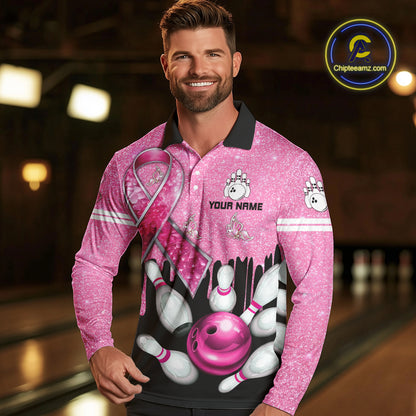 Black and Pink ribbon glitter Bowling Shirts For Men Custom breast cancer team bowling jerseys NQS9950