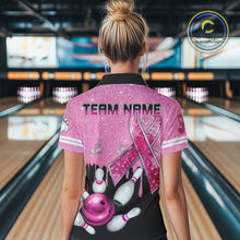 Load image into Gallery viewer, Black and Pink ribbon glitter Bowling Shirts For Women Custom breast cancer team bowling jerseys NQS9950