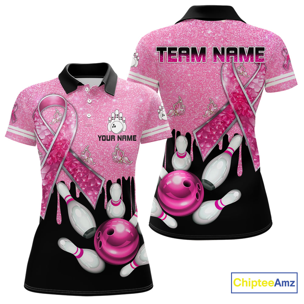 Black and Pink ribbon glitter Bowling Shirts For Women Custom breast cancer team bowling jerseys NQS9950