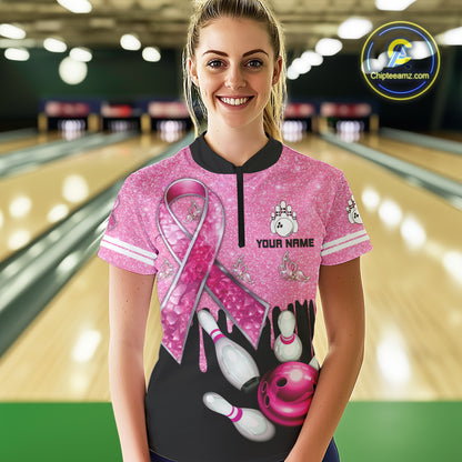 Black and Pink ribbon glitter Bowling Shirts For Women Custom breast cancer team bowling jerseys NQS9950