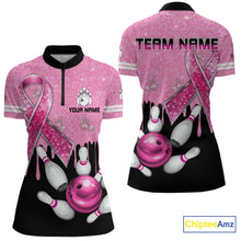 Load image into Gallery viewer, Black and Pink ribbon glitter Bowling Shirts For Women Custom breast cancer team bowling jerseys NQS9950