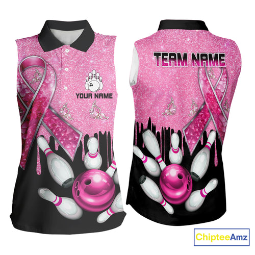 Black and Pink ribbon glitter Bowling sleeveless polo Shirt Custom breast cancer team bowling jerseys NQS9950