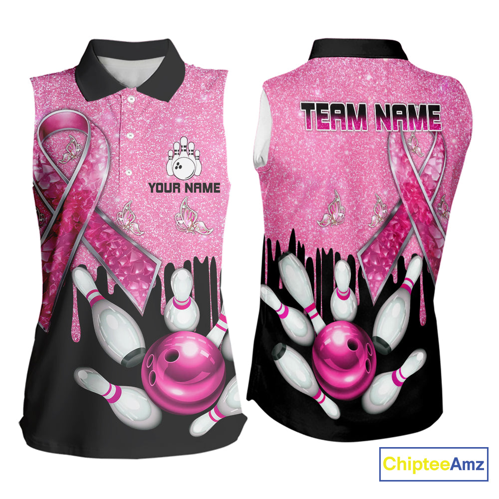 Black and Pink ribbon glitter Bowling sleeveless polo Shirt Custom breast cancer team bowling jerseys NQS9950