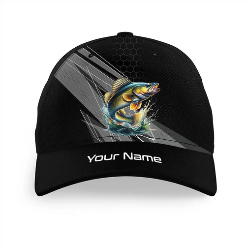 Personalized Black camo Walleye Fishing baseball cap, Walleye fishing hats for men, women NQS9954