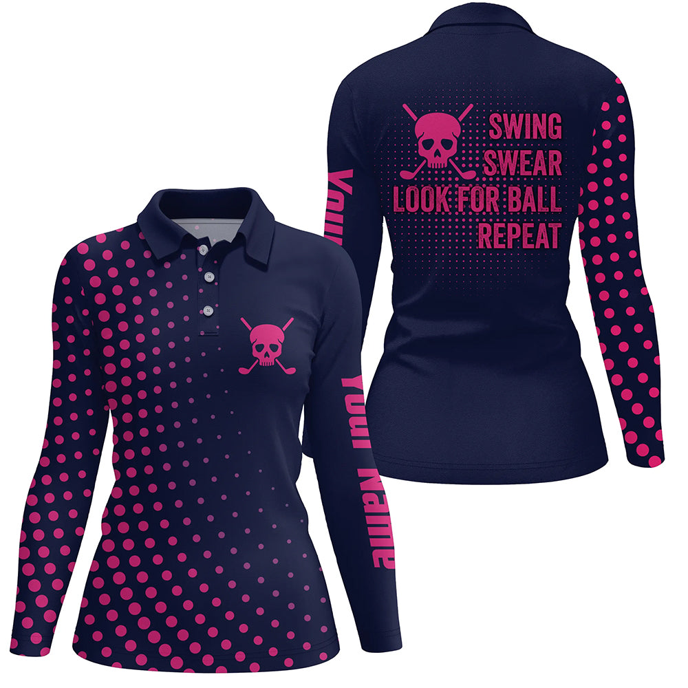 Funny Womens golf polo shirts custom swing swear look for ball repeat pink skull golf shirt | Navy NQS5714