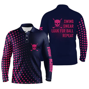 Funny Men golf polo shirts custom swing swear look for ball repeat pink skull golf shirts | Navy NQS5714