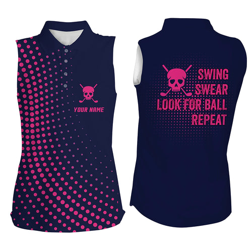 Funny Women sleeveless polo shirt custom swing swear look for ball repeat pink skull golf shirt | Navy NQS5714