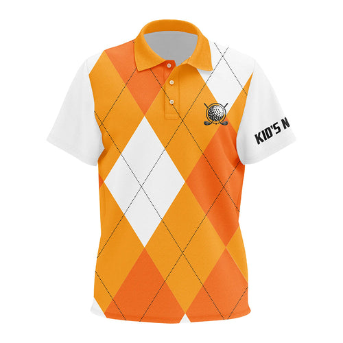 Kid golf polo shirts custom orange and white golf argyle plaid pattern, personalized golf gifts NQS7804