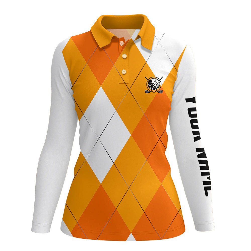 Womens golf polo shirts custom orange and white golf argyle plaid pattern, personalized golf gifts NQS7804