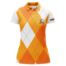 Load image into Gallery viewer, Womens golf polo shirts custom orange and white golf argyle plaid pattern, personalized golf gifts NQS7804