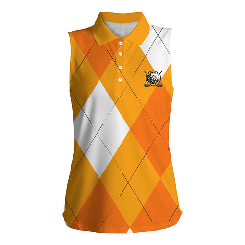 Women sleeveless polo shirt orange and white golf argyle plaid pattern, personalized golf gifts NQS7804