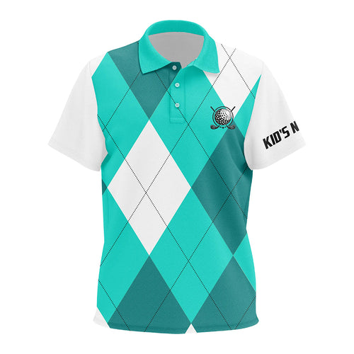 Kid golf polo shirts turquoise and white golf argyle plaid pattern, personalized golf gifts NQS7805