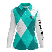 Load image into Gallery viewer, Womens golf polo shirts turquoise and white golf argyle plaid pattern, personalized golf gifts NQS7805